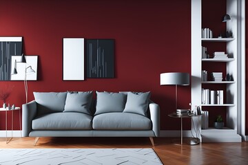 Photo of a contemporary living room with bold red walls and a stylish gray couch