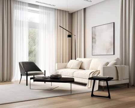An interior home design of a living room with a white sofa, table and chair, white curtains and a large window. Generative AI.