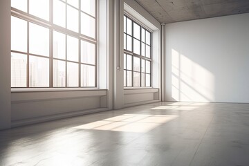 Fototapeta premium White, empty space with wall to wall sunlight coming in through the window. Generative AI