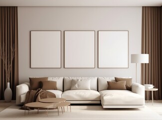 A modern living room, brown and white furniture and three white frames. Generative AI.