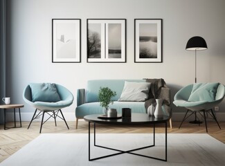 A modern living room with three framed pictures in the middle and a table at the side. Generative AI.