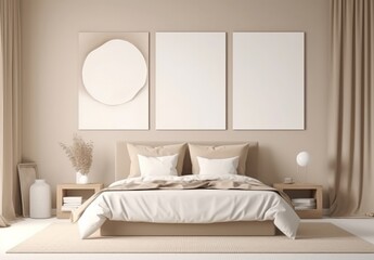 A room mock-up of a bedroom in the style of light beige and beige. Generative AI.