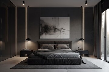An example of a minimalistic classic bedroom with black wooden accents, a concrete floor, bedside cupboards, and lamps for reading. prototype frame. Generative AI