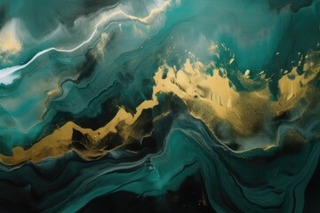 Frozen streams of green and gold acrylic paint. Generative ai.