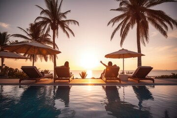 Relax by the pool at sunset in a first-class hotel. Generative ai.