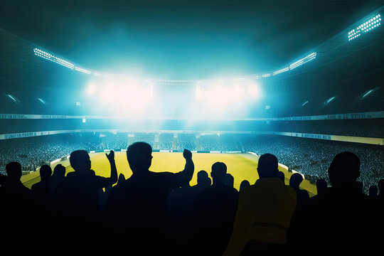 A crowd of silhouettes of people against the backdrop of a bright stadium with spotlights. Generative ai.