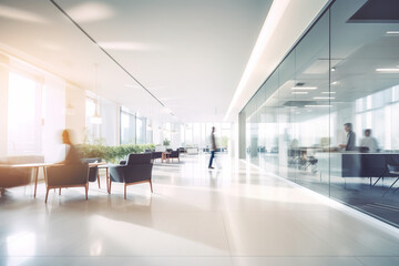 Office lobby with conference rooms and blurred peoples made with Generative AI