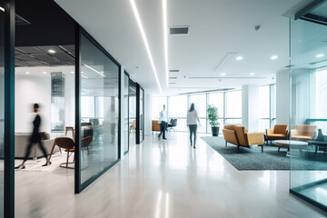 Office lobby with conference rooms and blurred peoples made with Generative AI