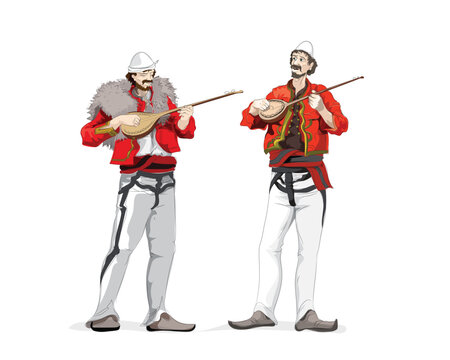 Albanian folk music instruments, men playing &Ccedil;ifteli traditional music folk