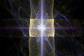 Yellow purple glowing pattern of crooked waves and rays on a black background. Abstract fractal 3D rendering