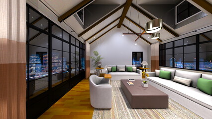 夜景が見えるリビングルーム