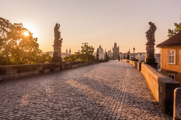 Morning view of Charles Bridge in Prague, Czech Republic