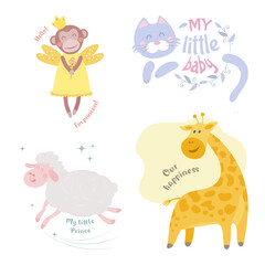 Set of cute animals. Cat, giraffe, sheep, monkey 