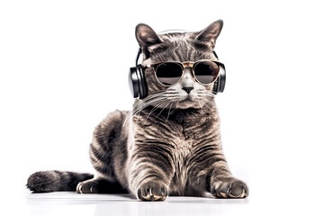 Naklejka premium Cute cat wearing trendy sunglasses and headphones. Fashion pet concept. Generative AI