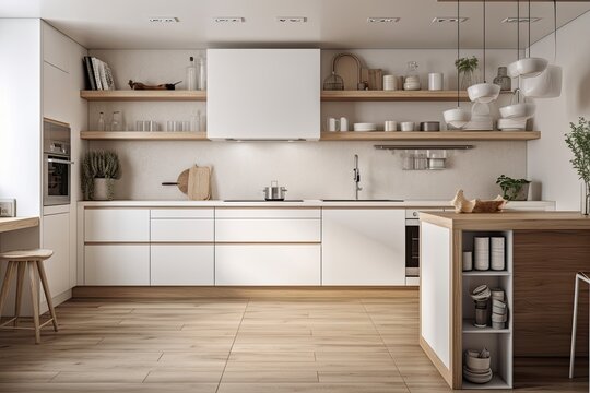 Modern white kitchen with wooden accents and a parquet floor, minimalist interior architecture, wooden table top or shelf with minimalistic vases,. Generative AI