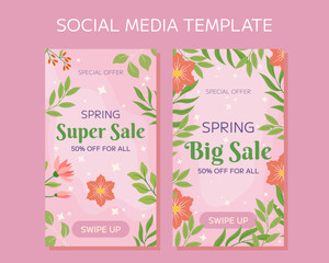 Image features beautiful pink flowers, lush green leaves, and a soft pink background with the text Special Offer Spring Big Sale. Perfectly sized for social media stories,capture attention and promote