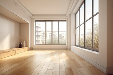 A vacant corner of the room with beige walls, three sizable windows in white, a light glossy parquet floor, and a white plinth. With a Work Path on the Windows, the perspective view. Ultra HD 8