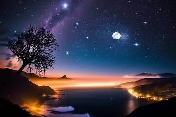 Fototapeta na wymiar starry sky and moon at night in Switzerland valley mountains on horizon beautiful landscape generated ai