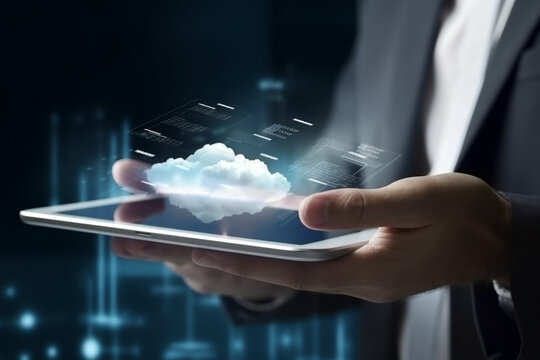 A man holding a tablet with a cloud on it