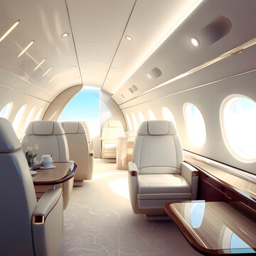 Luxury interior in the modern private business jet created with Generative AI technology.