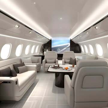 Interiors inside a private luxury business jet created with Generative AI technology.