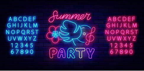 Summer party neon label on brick wall. Shiny advertising template. Tropical leaf, flower and music. Vector illustration