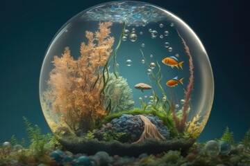 Obraz na płótnie Canvas Abstract biosphere in a bubble. Ecosystem in a fish bowl. Environmental background wallpaper with fish and coral.