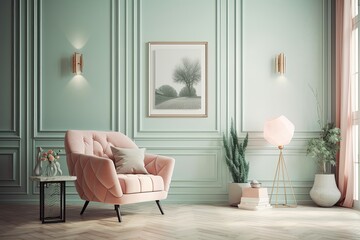 Pastel colored living room that seems serene. A mint wall with a chair in powder pink. Classical space with lots of light. A blank wall with picture frame moldings. Generative AI