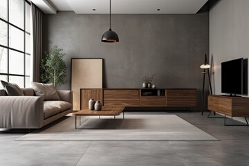 Modern living room with blank wall mockup. Generative AI