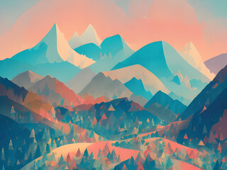 Landscape silhouette colorful digital painting. Illustrations and Clip Art/AI generated.
