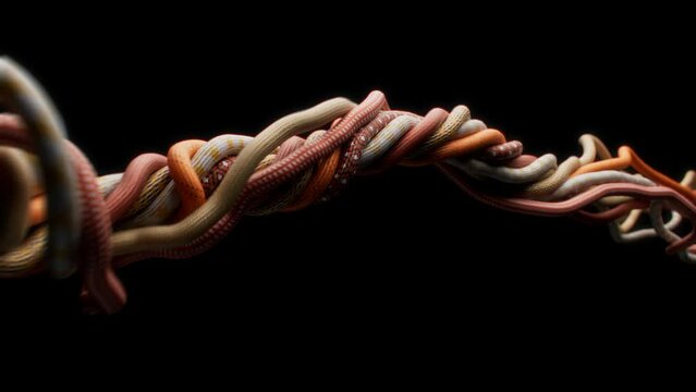 Abstract cord and rope and paracord animation. Tangling, complexity, mixing 4K CGI.