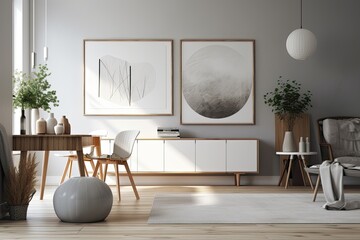 The interior of the living room features two white posters on the grey wall, a sideboard positioned on a ledge, and a round table with stools. a notion for a contemporary home design. Generative AI