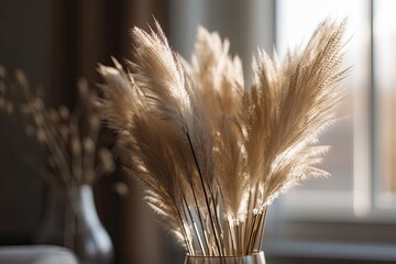 Close up of dry pampas grass against an ethereal background. minimalistic design mockup, composition, and template. Generative AI