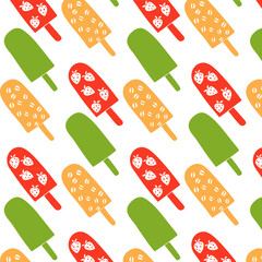 Bright vector pattern on a white background. Green, red, yellow. Tablecloth, background, wallpaper, wrapping paper, decor, design, retro, vintage, summer, coffee, strawberry.