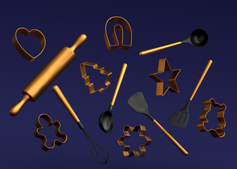 Wooden kitchen utensils and cookie cutters on blue background