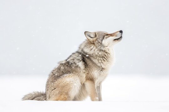 peaceful wolf sitting in the snow with its eyes closed. Generative AI