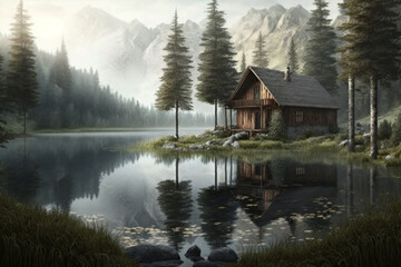 Fototapeta premium Relaxing view of a wood log touristic cabin with a lake nearby and mountain. Beautiful serene rustic landscape illustration. Ai generated