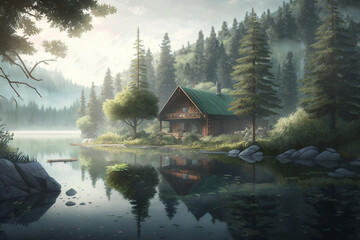 Relaxing view of a wood log touristic cabin with a lake nearby and mountain. Beautiful serene rustic landscape illustration. Ai generated