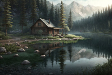 Relaxing view of a wood log touristic cabin with a lake nearby and mountain. Beautiful serene rustic landscape illustration. Ai generated