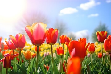 Tulips field on a sunny day, generative ai illustration