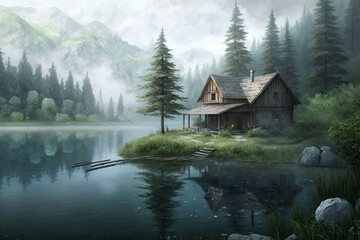 Fototapeta premium Relaxing view of a wood log touristic cabin with a lake nearby and mountain. Beautiful serene rustic landscape illustration. Ai generated