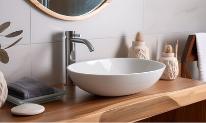 Fototapeta na wymiar Modern elegant bathroom interior with vessel sink, generative ai