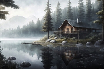 Obraz premium Relaxing view of a wood log touristic cabin with a lake nearby and mountain. Beautiful serene rustic landscape illustration. Ai generated