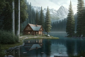 Fototapeta premium Relaxing view of a wood log touristic cabin with a lake nearby and mountain. Beautiful serene rustic landscape illustration. Ai generated
