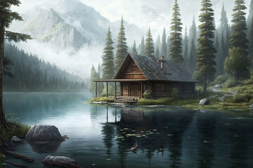 Relaxing view of a wood log touristic cabin with a lake nearby and mountain. Beautiful serene rustic landscape illustration. Ai generated