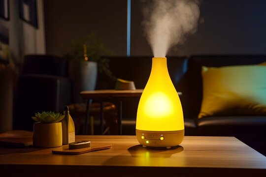 Humidifier on the table in the room at night, clean and fresh air for a healthy atmosphere in the home, generative ai image