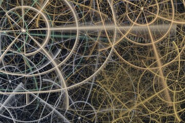 Orange gray pattern of crooked circles and threads on a black background. Abstract fractal 3D rendering