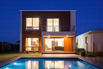 Fototapeta na wymiar a large, contemporary home with lights and a pool. Generative AI