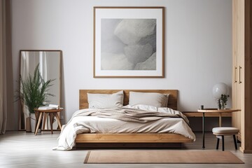 Blank vertical poster over wooden bed in bedroom. Clipping path around poster frame, isolated. Generative AI