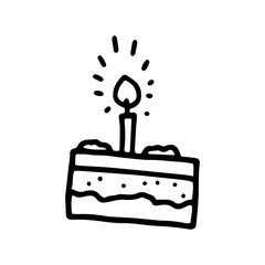 Cake with cream and candle. Isolated vector image. A piece of layered party cake with cream decorations. Drawing of black lines.